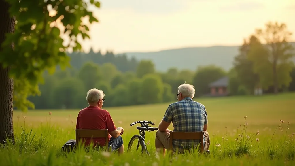 Seniori atpūšas pauzē, skatoties uz lauku ainavu
